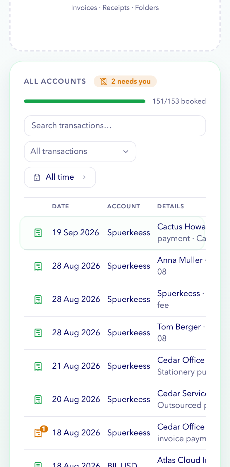 The client app's Transactions: the Cactus payment matched to its receipt